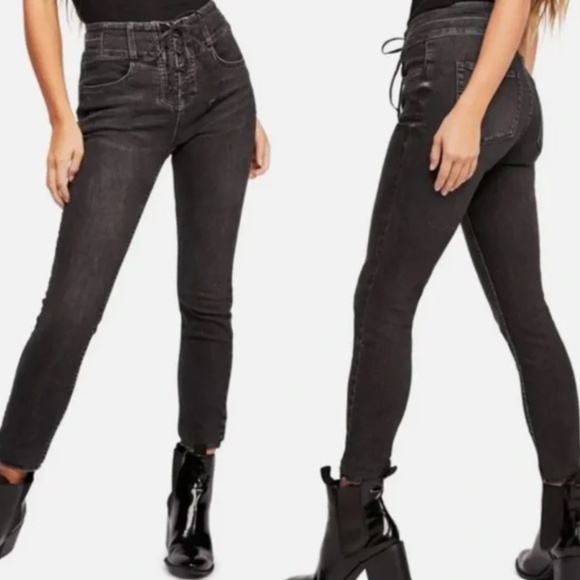We The Free People Curvy Lovers Knot Black High Waist Lace Up Skinny Jeans - Picture 2 of 8